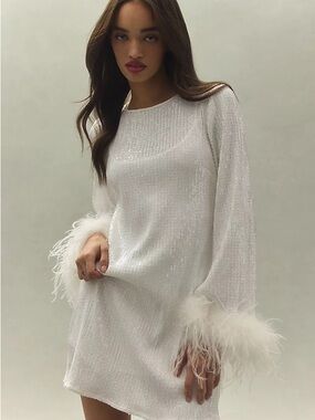 Hutch White Feather-Cuff Long Sleeve Mini Dress